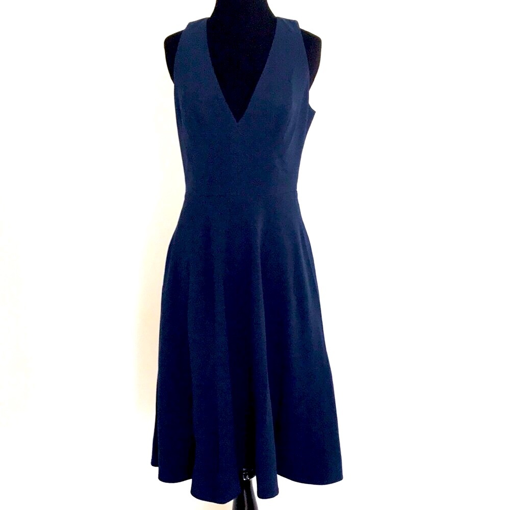 Dress the Population Navy Blue V-Neck A-Line Midi Dress Fit & Flare Size Small